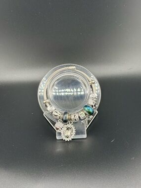 Silver Charm Bracelet with Iridescent Blue-Green Beads